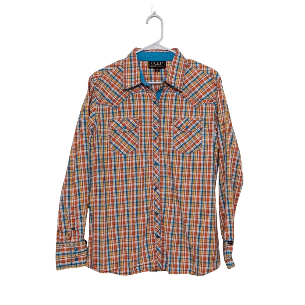 Cowgirl Up Plaid Western Snap Front Shirt Women XL Orange Blue Long Sleeve